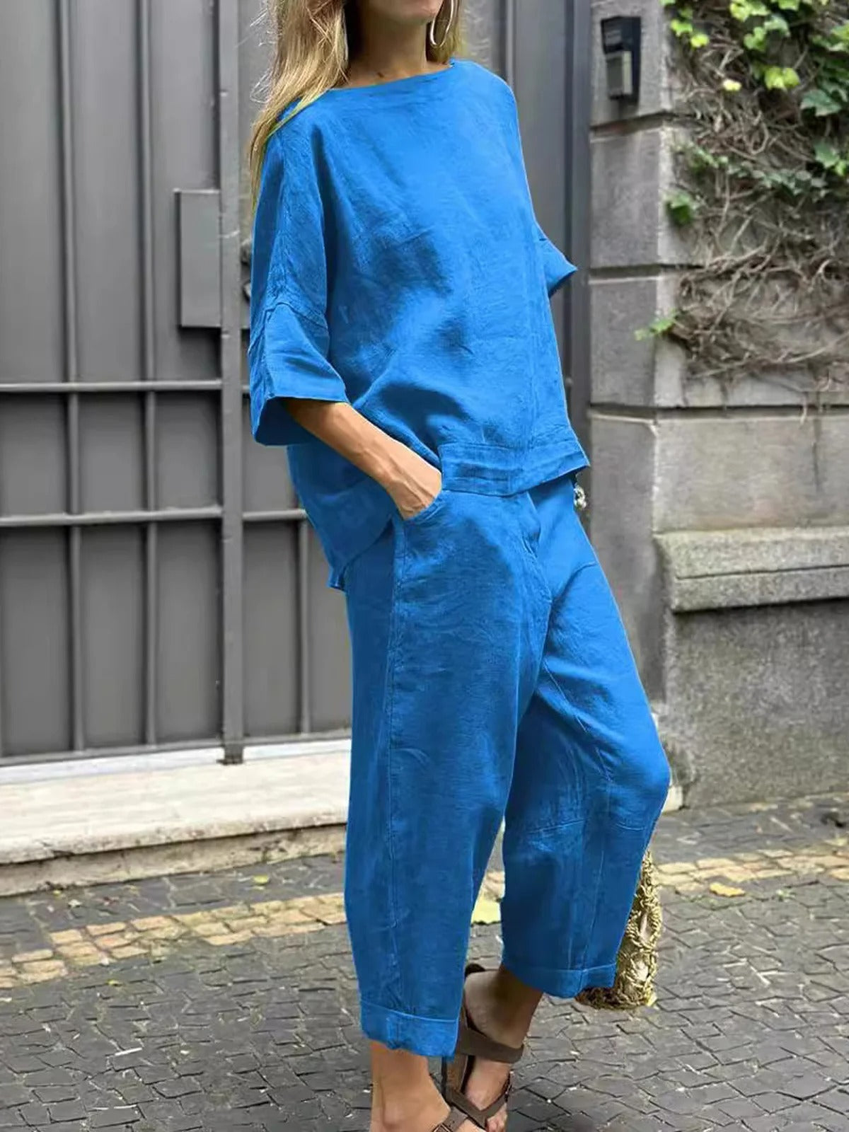 Crew Neck 3/4 Sleevess Loose Top With Pants Two-Piece Suits