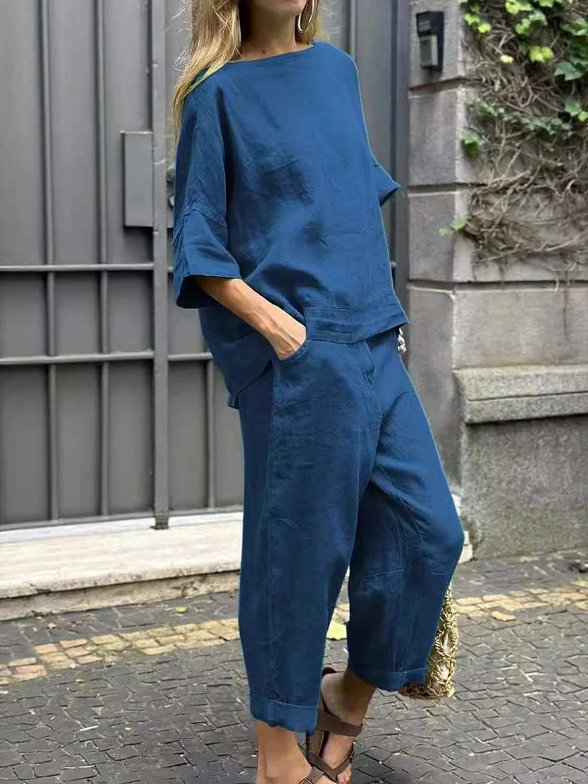 Crew Neck 3/4 Sleevess Loose Top With Pants Two-Piece Suits