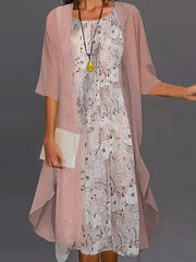 Casual Floral Print Two Piece Jacket Midi Dress