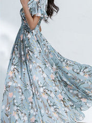 Floral Print Short V-neck Sleeve Comfy Midi Dress