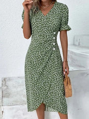 Floral Wrap V-neck Short Sleeve Casual Midi Dress