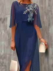 Chiffon Crew Neck Half Sleeve Embroidery Midi Dress