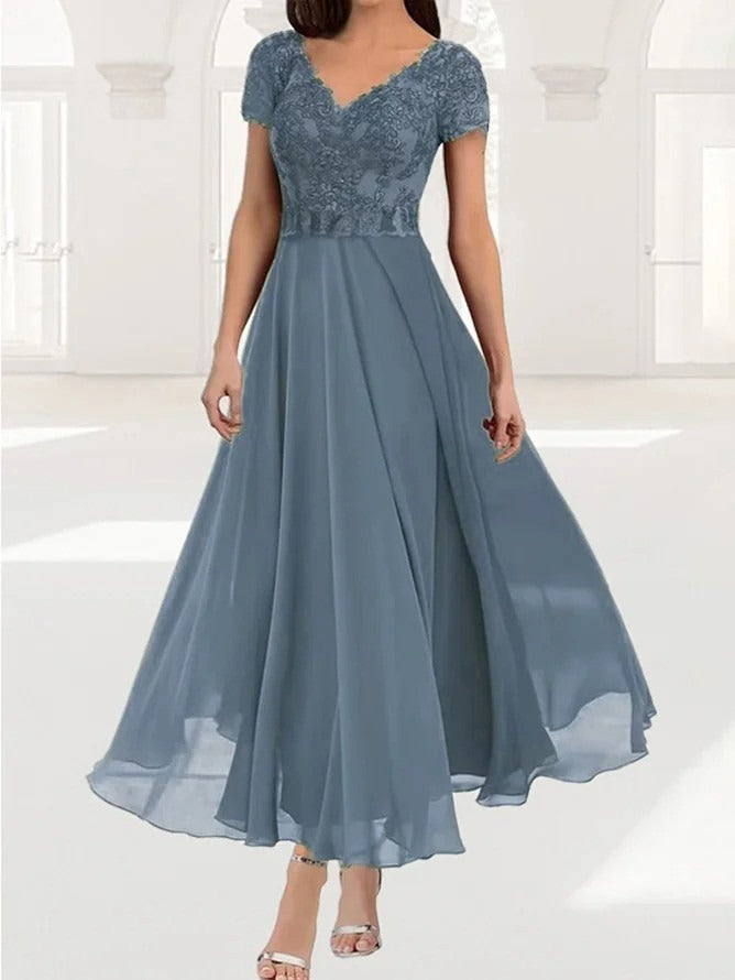 Plain Lace Chiffon V-neck Short Sleeve Comfy Maxi Dress