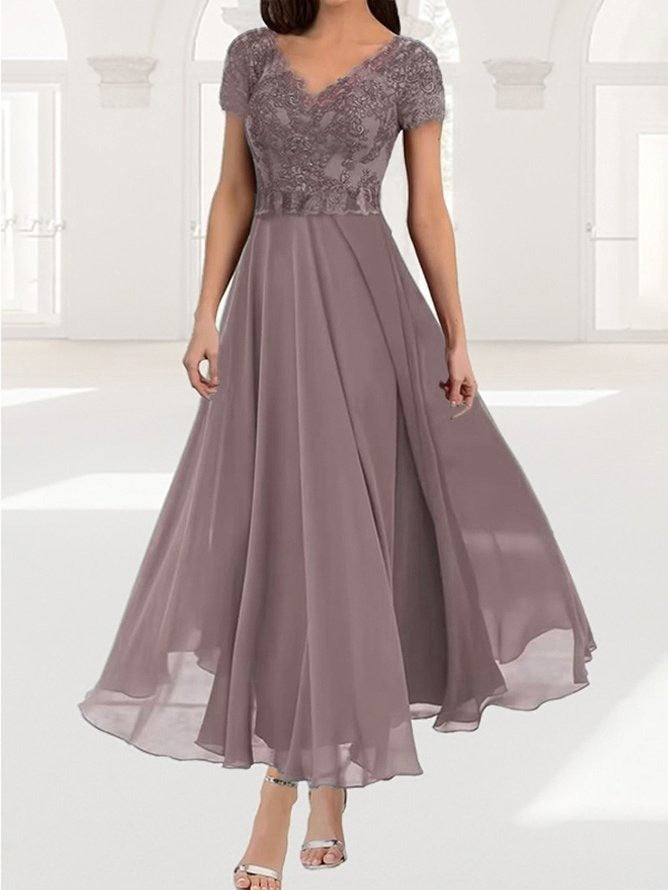 Plain Lace Chiffon V-neck Short Sleeve Comfy Maxi Dress