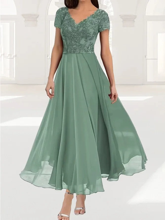 Plain Lace Chiffon V-neck Short Sleeve Comfy Maxi Dress