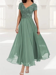 Plain Lace Chiffon V-neck Short Sleeve Comfy Maxi Dress