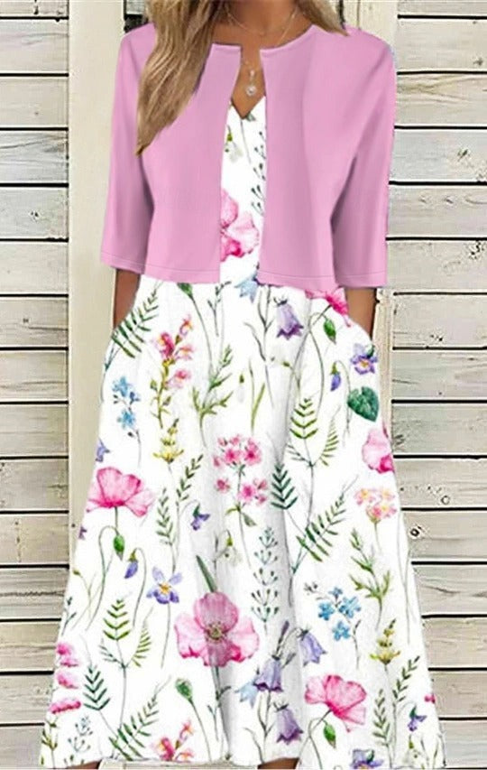Casual Elegant Fashion Floral Pocket Half Sleeve V Neck Two Piece Dress