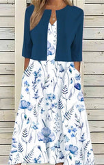 Casual Elegant Fashion Floral Pocket Half Sleeve V Neck Two Piece Dress