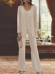 Elegant Loose V Neck Chiffon Matching Outfit Mother The Bride 3 PCS Pantsuits