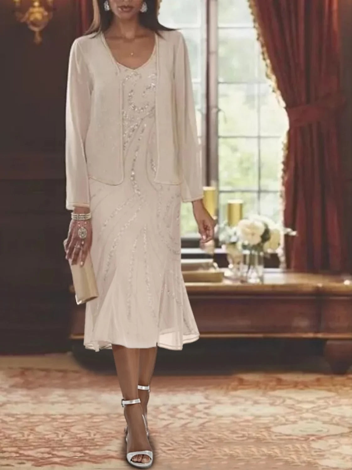 Plain Party Going Out Two Piece Set Long Sleeve Elegant Spring/Fall Coat Skirt Matching Set