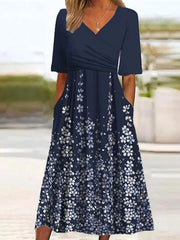 Navy Blue V-neck Floral Short Sleeve Midi Dress