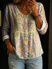 Floral Pattern Art Print Cotton And Linen Casual Shirt