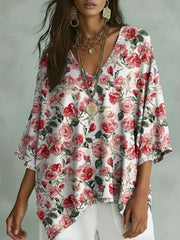 Floral Art Print Casual Bat Sleeve Denim Shirt