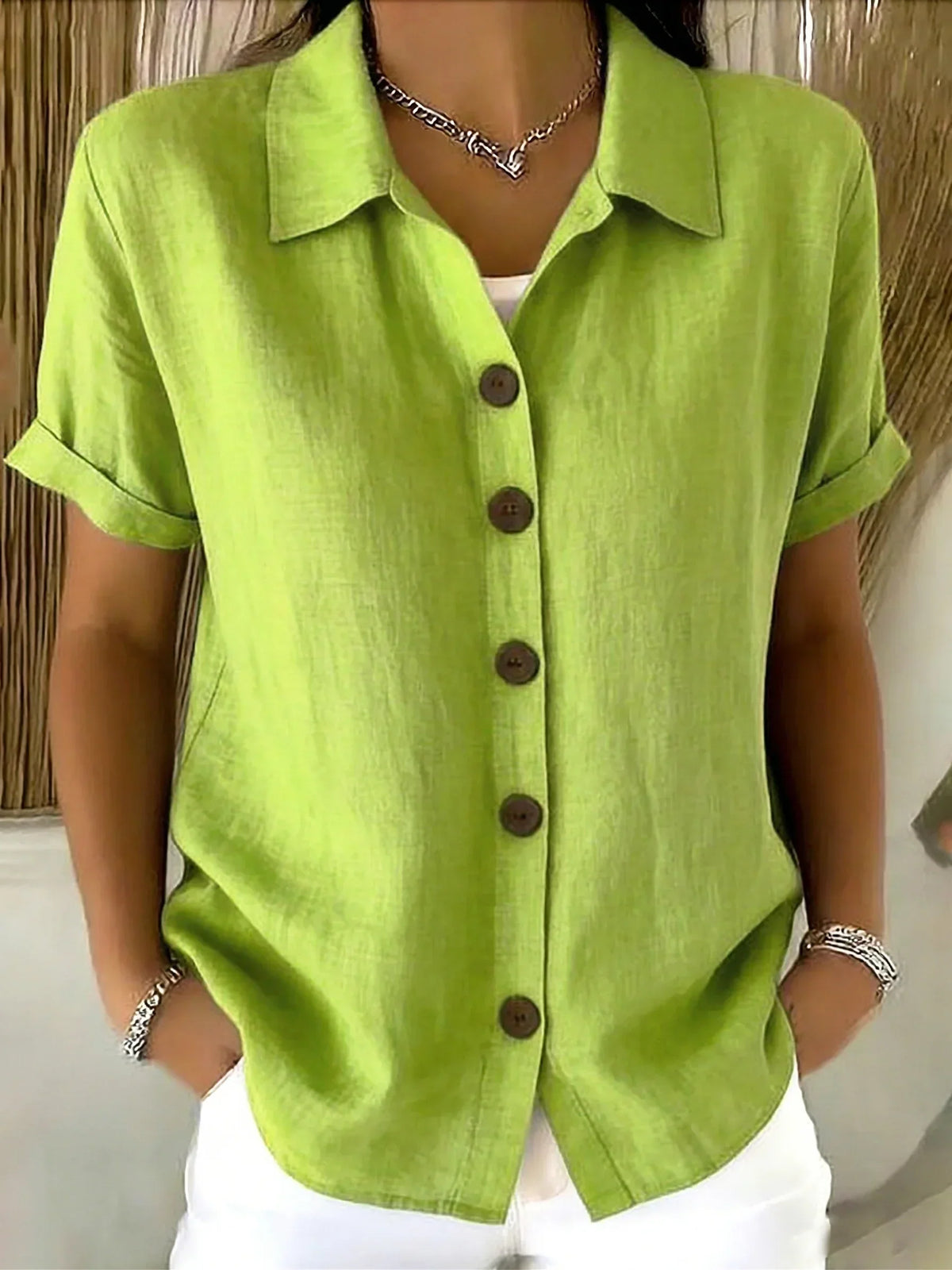Basic Button-up Linen-cotton Short-sleeved Casual Shirt