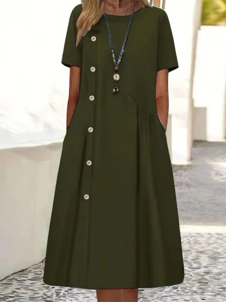 Casual Plain Loose Crew Neck Short Sleeve Button Linen Dress