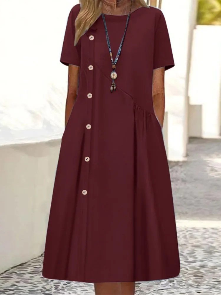Casual Plain Loose Crew Neck Short Sleeve Button Linen Dress