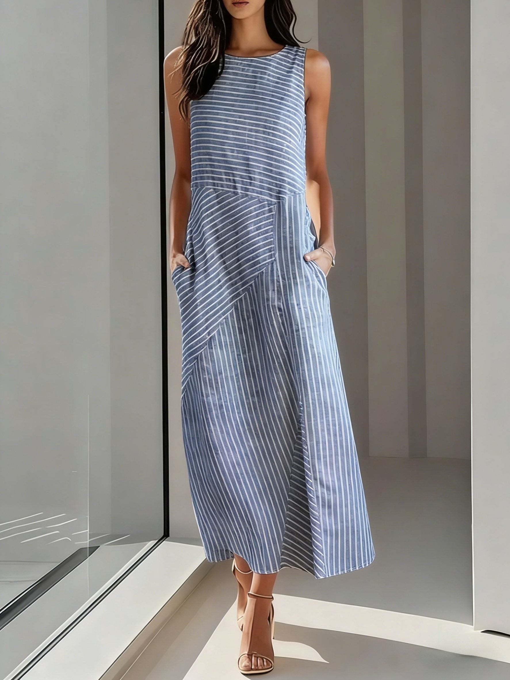 Casual  Striped  Crew Neck Sleeveless  Cotton Midi Fit Dress
