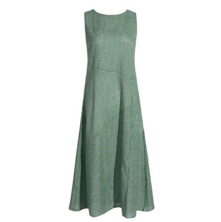Casual  Striped  Crew Neck Sleeveless  Cotton Midi Fit Dress