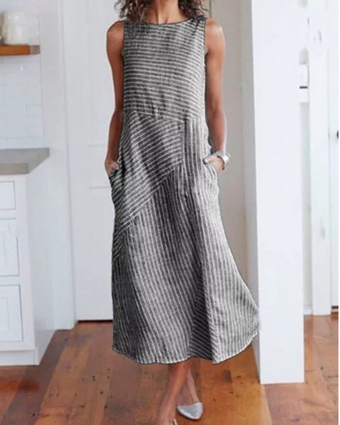 Casual  Striped  Crew Neck Sleeveless  Cotton Midi Fit Dress