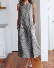 Casual  Striped  Crew Neck Sleeveless  Cotton Midi Fit Dress