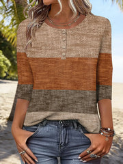 Elegant  Striped Crew Neck Fit 3/4 Sleeve Summer Casual Blouse