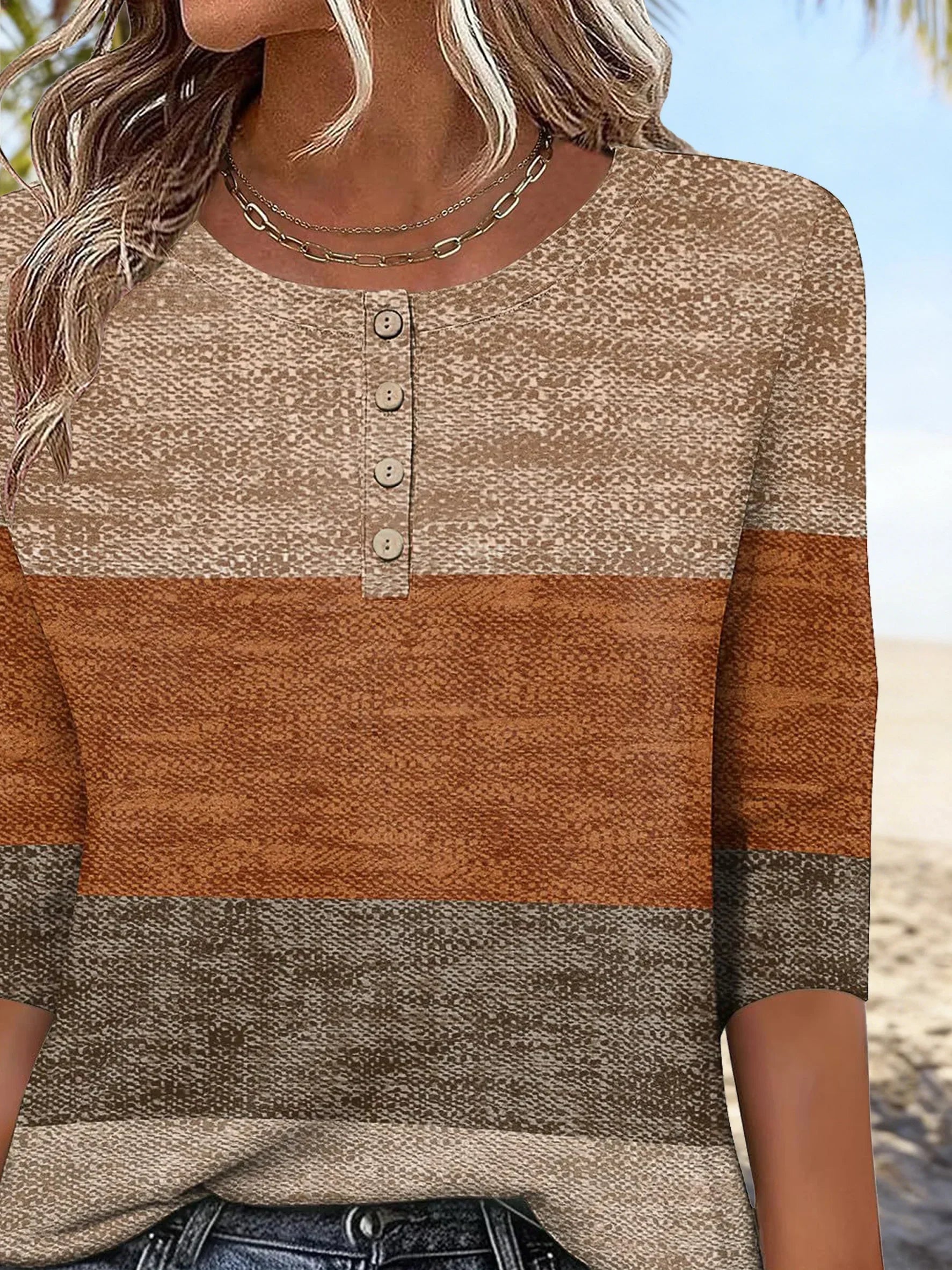 Elegant  Striped Crew Neck Fit 3/4 Sleeve Summer Casual Blouse