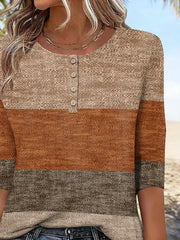 Elegant  Striped Crew Neck Fit 3/4 Sleeve Summer Casual Blouse