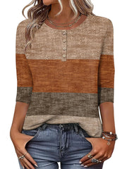 Elegant  Striped Crew Neck Fit 3/4 Sleeve Summer Casual Blouse