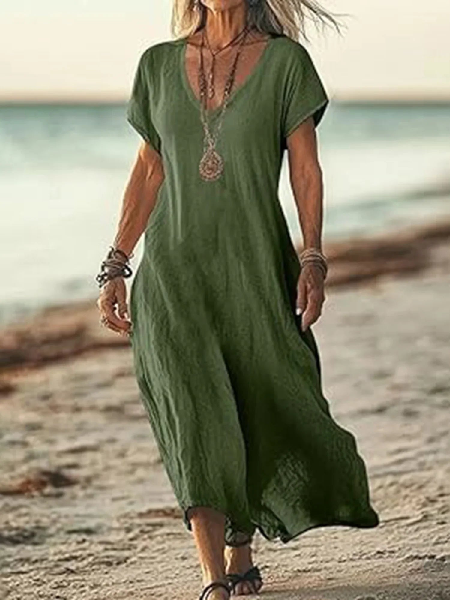 Casual Cotton Plain V Neck Midi Dress