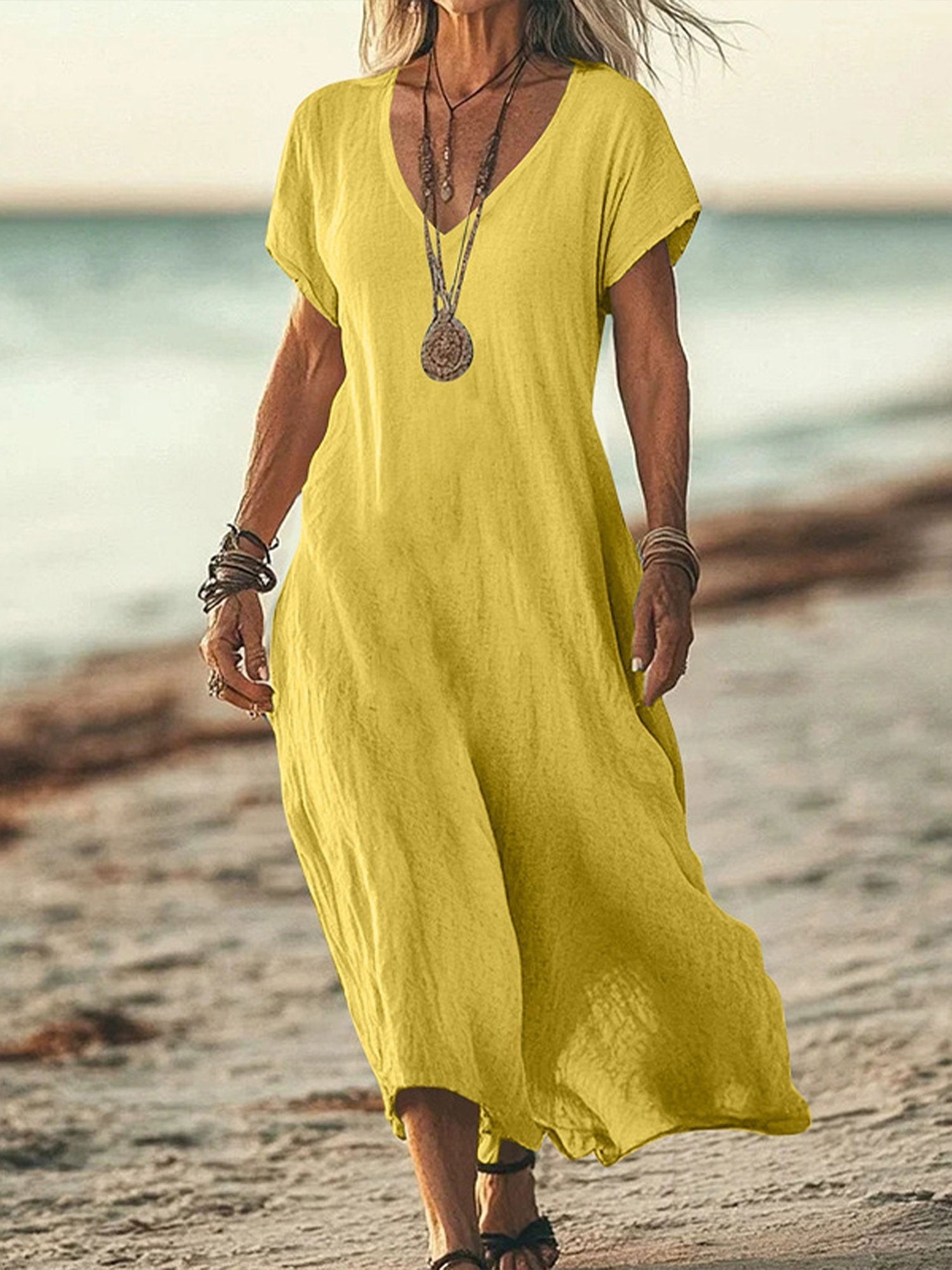 Casual Cotton Plain V Neck Midi Dress