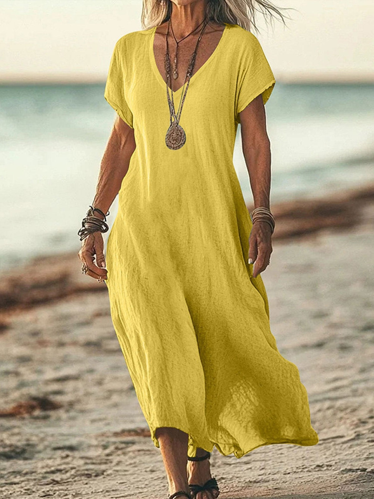 Casual Cotton Plain V Neck Midi Dress