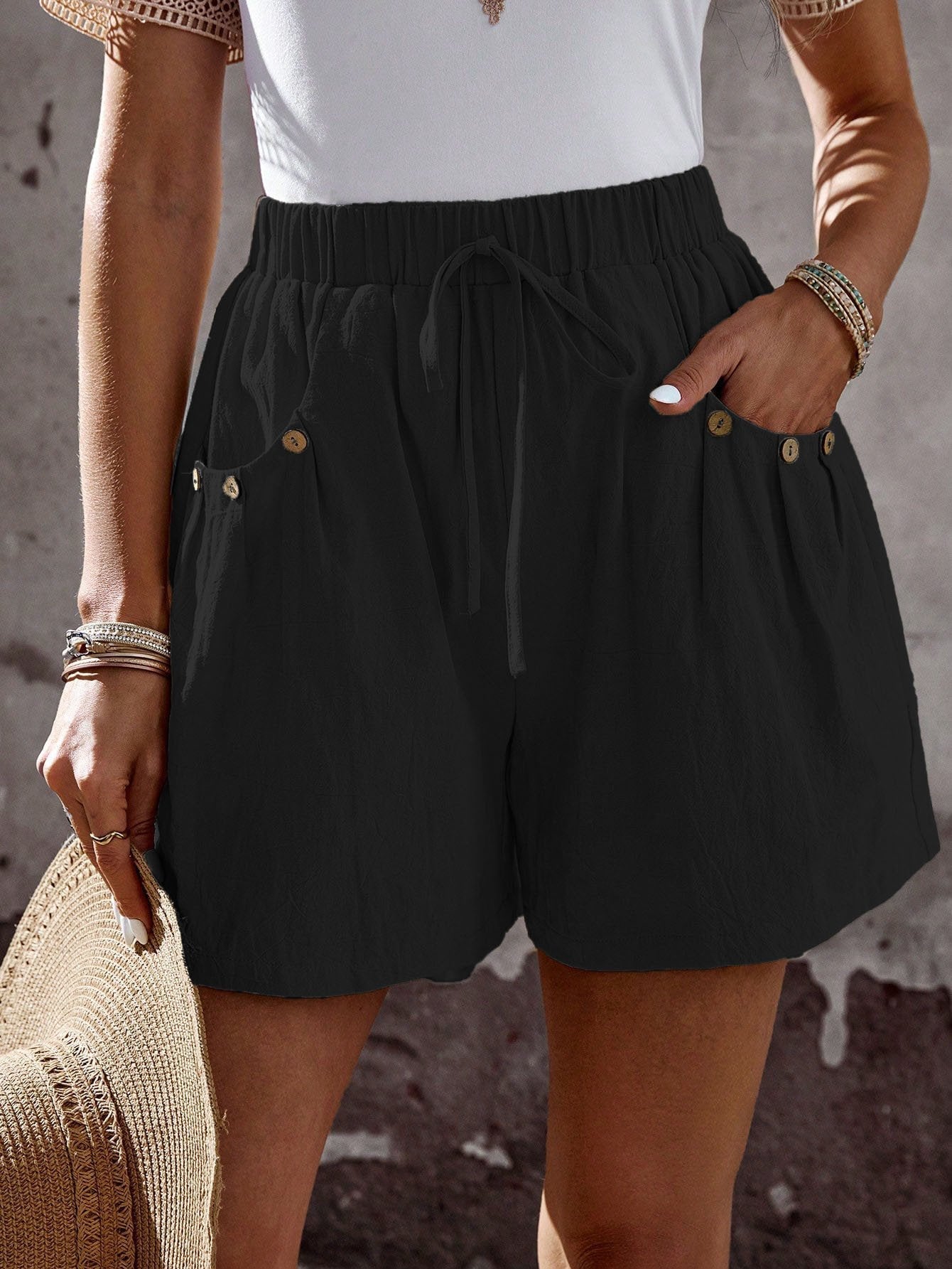 Loose Straight Plain Side Pockets Elegant Pants
