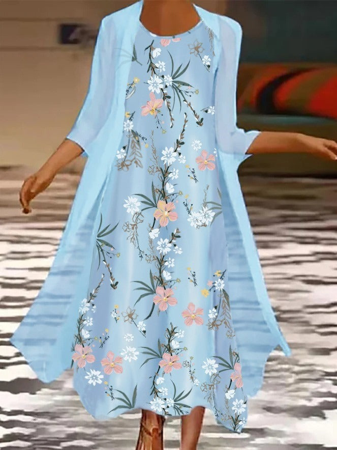Floral Printed Round Neck Long Casual Sky Blue Two Piece Maxi Dress