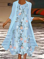 Floral Printed Round Neck Long Casual Sky Blue Two Piece Maxi Dress
