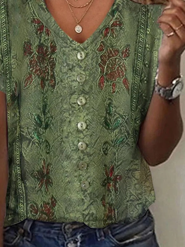 Loose Casual V Neck Printed Shirt