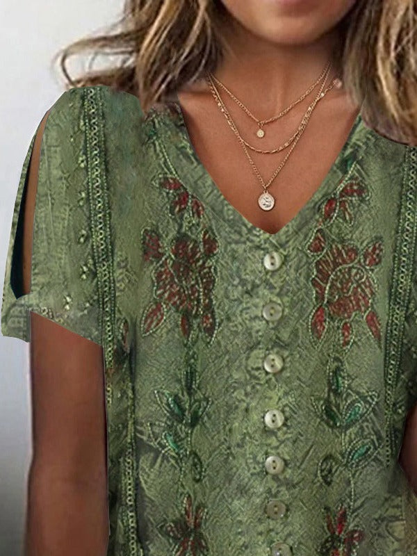 Loose Casual V Neck Printed Shirt