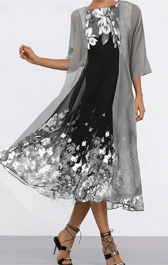 Floral Print Half Sleeve Crew Neck Loose Fit Two Piece Dress