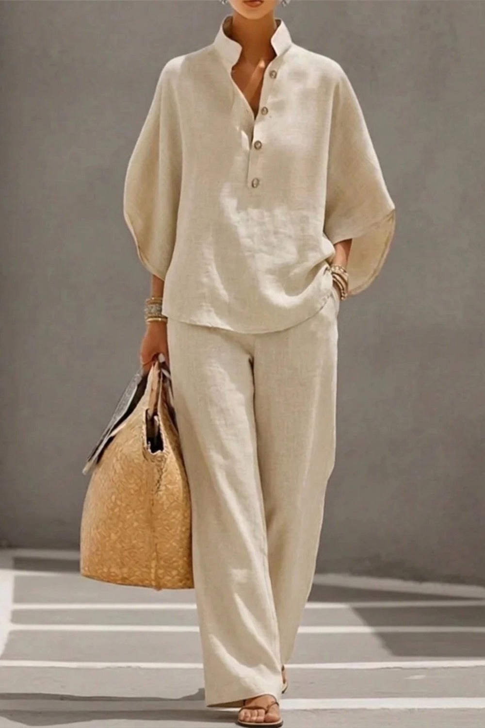 Cotton Linen Batwing Sleeve Wide Pants Set