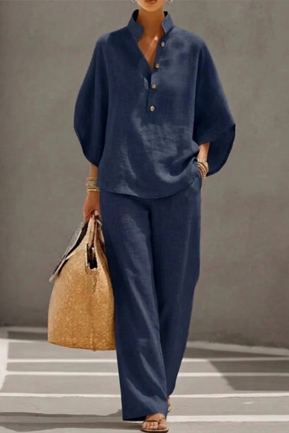 Cotton Linen Batwing Sleeve Wide Pants Set