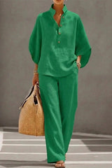 Cotton Linen Batwing Sleeve Wide Pants Set