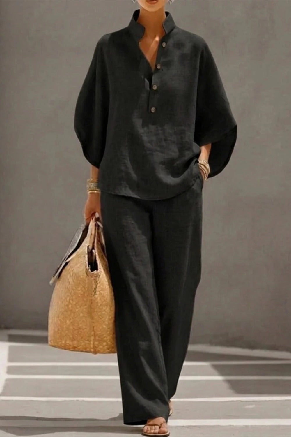 Cotton Linen Batwing Sleeve Wide Pants Set