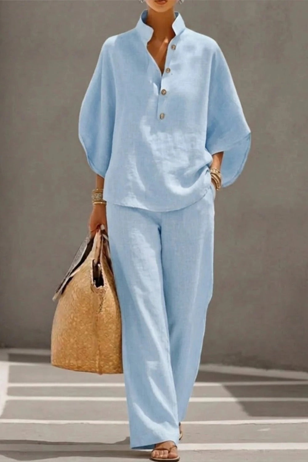 Cotton Linen Batwing Sleeve Wide Pants Set