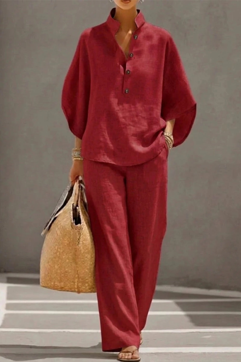 Cotton Linen Batwing Sleeve Wide Pants Set