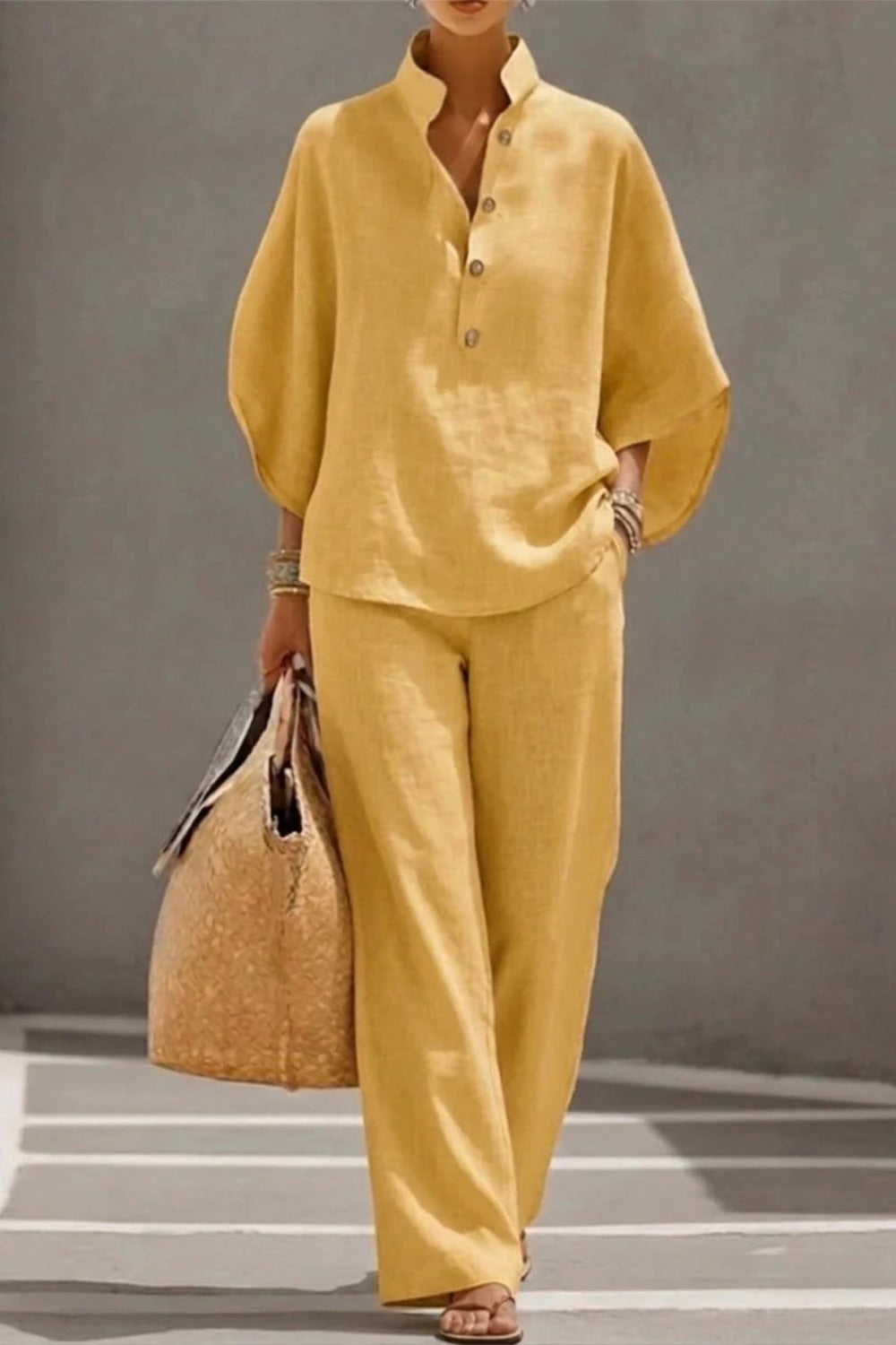 Cotton Linen Batwing Sleeve Wide Pants Set