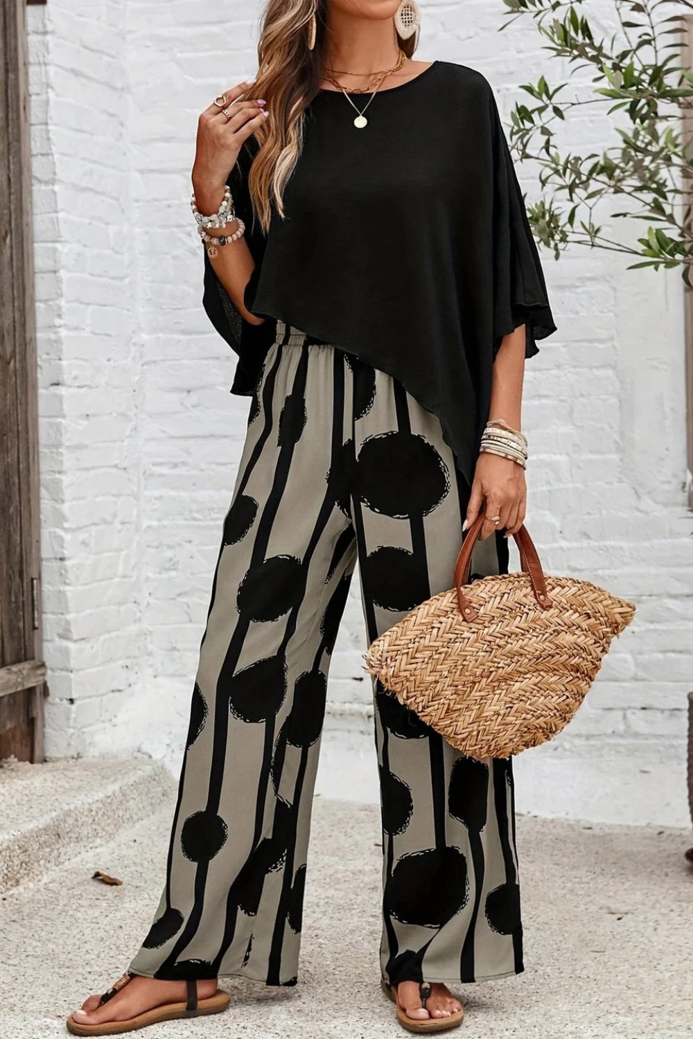 Asymmetric Hemmed Shirt And Striped Pants Two Piece Set
