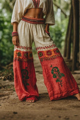 Bohemian Floral Embroidered Wide Leg Pants
