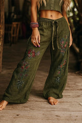 Bohemian Green Floral Embroidered Wide Leg Pants