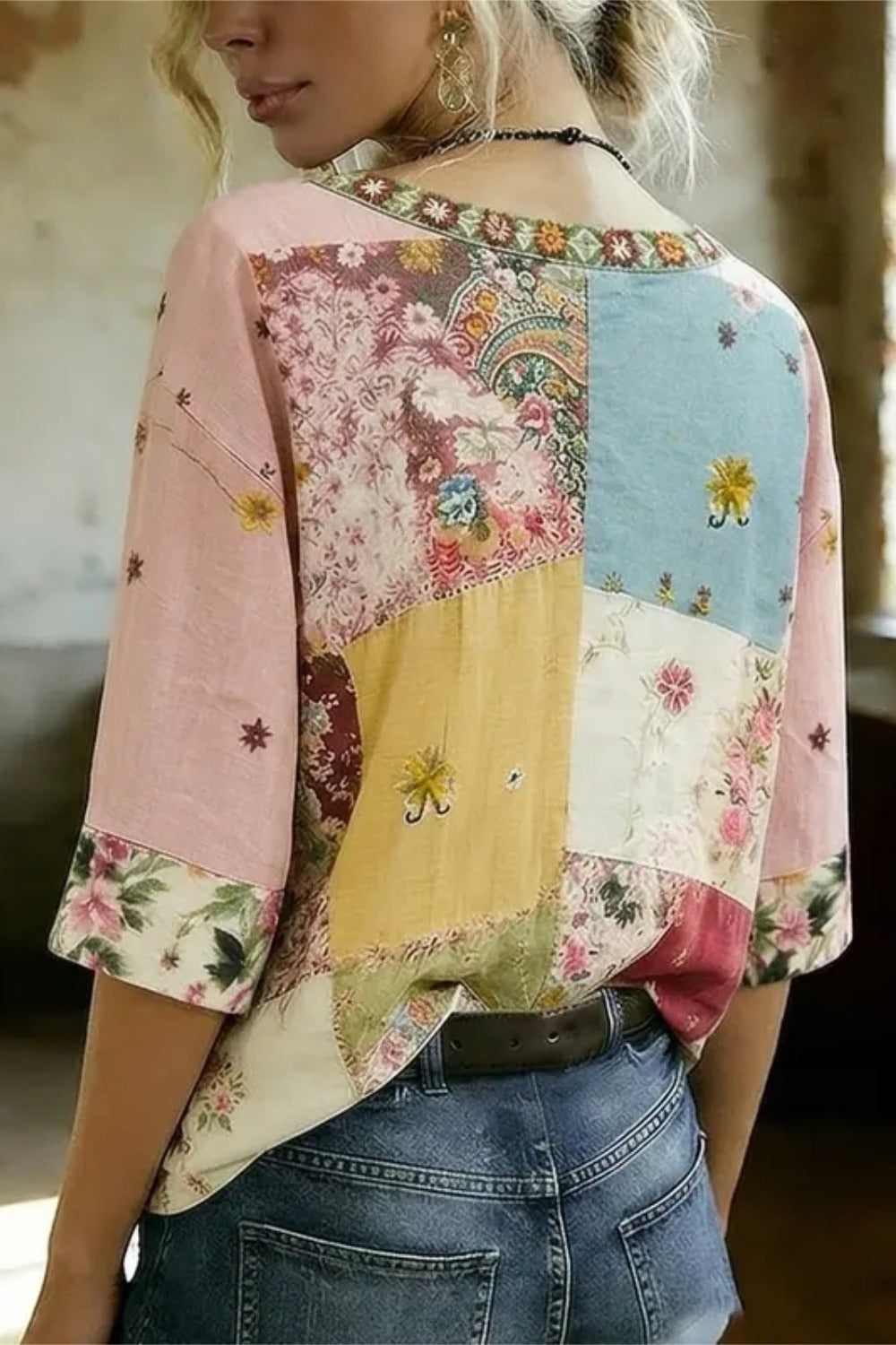 Retro Floral Embroidered V-Neck Half Sleeve Cotton Blouse