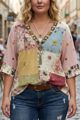 Retro Floral Embroidered V-Neck Half Sleeve Cotton Blouse