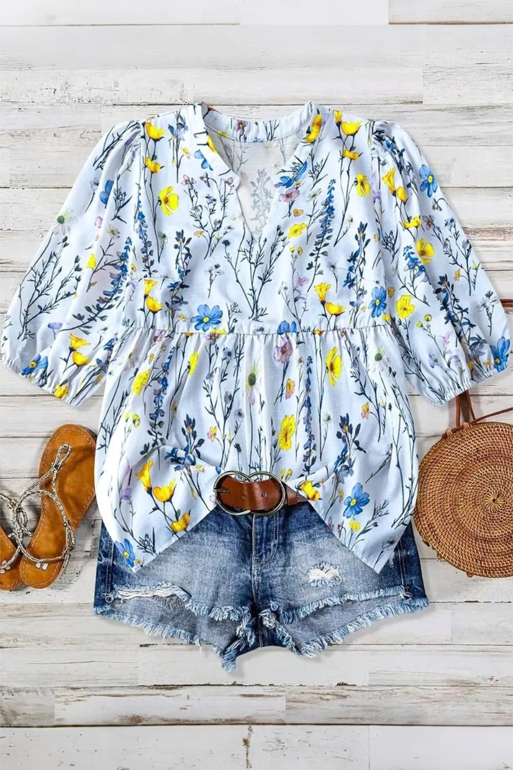 Plus Size Floral Print Notched Neck Boho Casual Summe Blouse